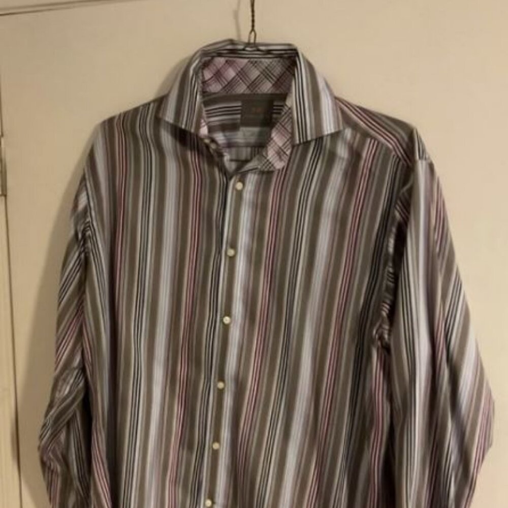 Thomas Dean Mens Striped Button Dress Shirt L Grey Navy Blue Cotton Collared
